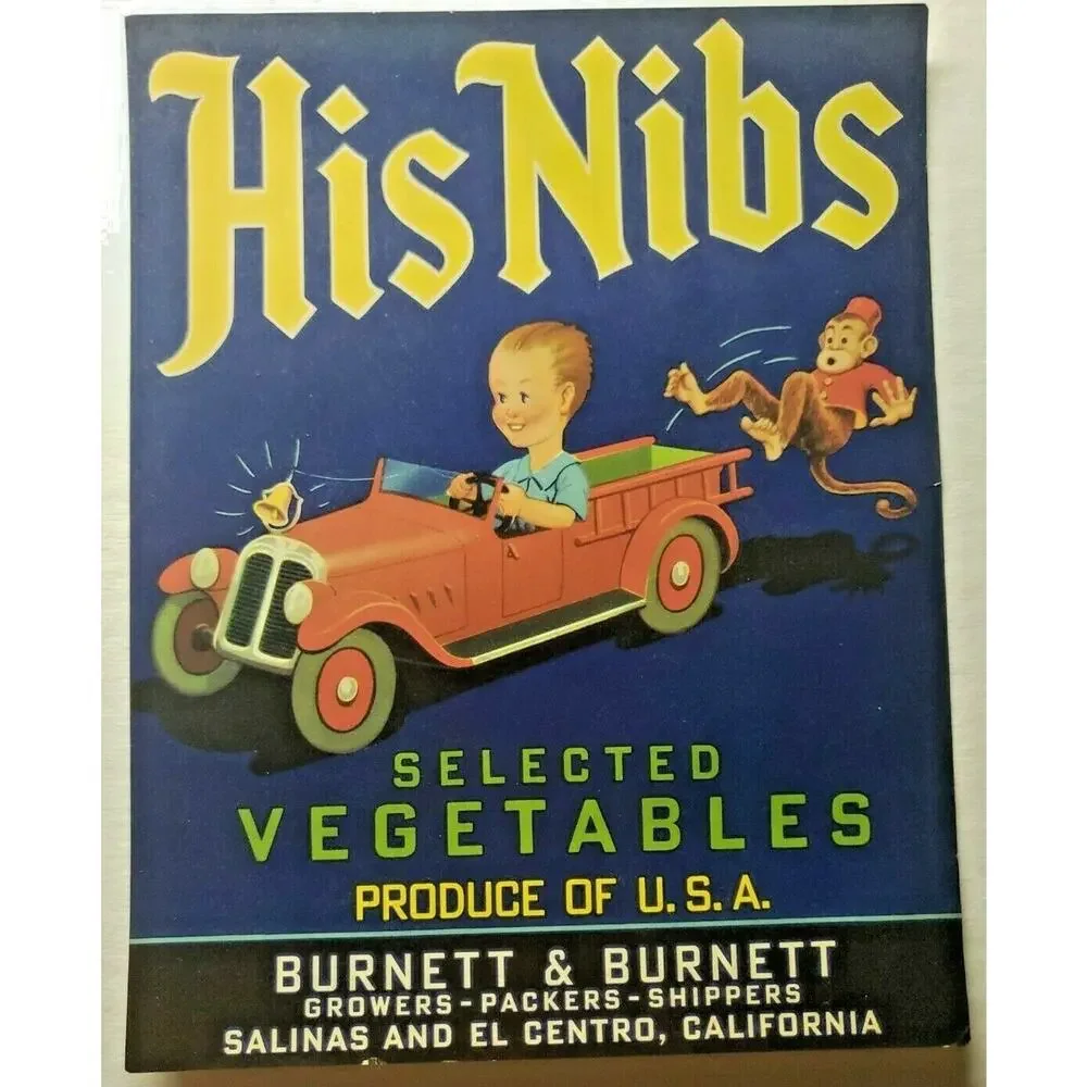 Vintage His Nibs Original 1940s El Centro CA Vegetables Crate Label‎ (B-2)